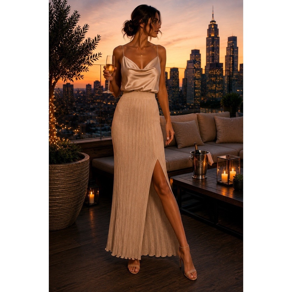 House of Harlow 1960 Womens XS Pleated Maxi Skirt Beige Slit Lined Feminine